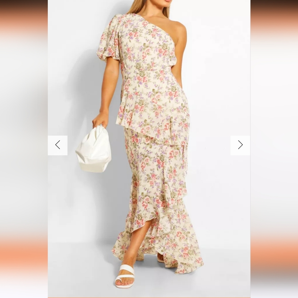 Boohoo FLORAL PUFF ONE SHOULDER RUFFLE MAXI DRESS